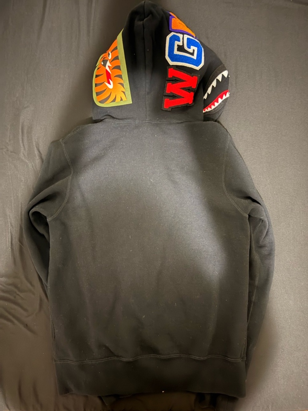Bape Black Zip-Up Hoodie with Multicolor Graphic Hood, lightly worn